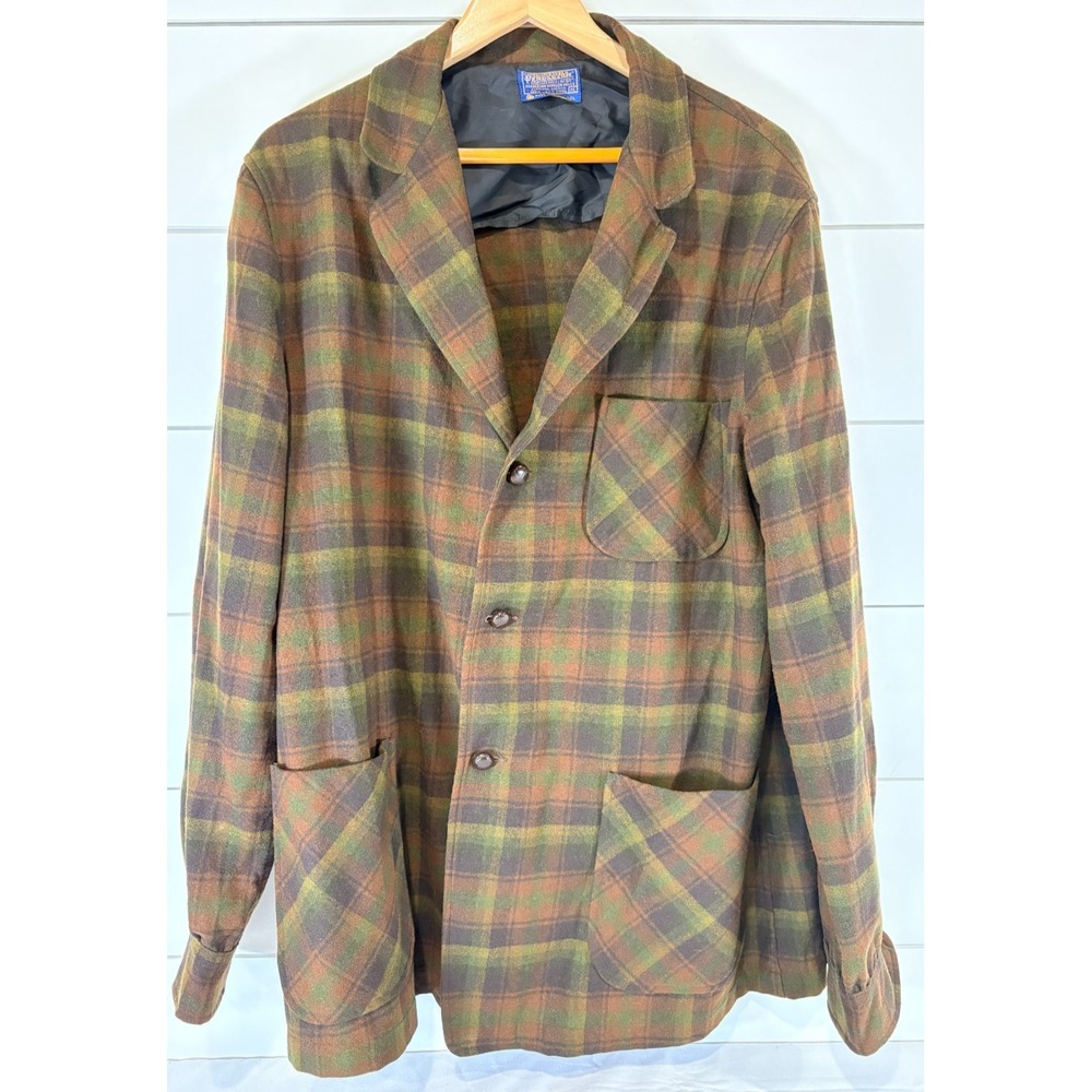 Vintage Pendleton Blazer Men XLarge Brown Plaid Virgin Wool Jacket 3 Button Coat